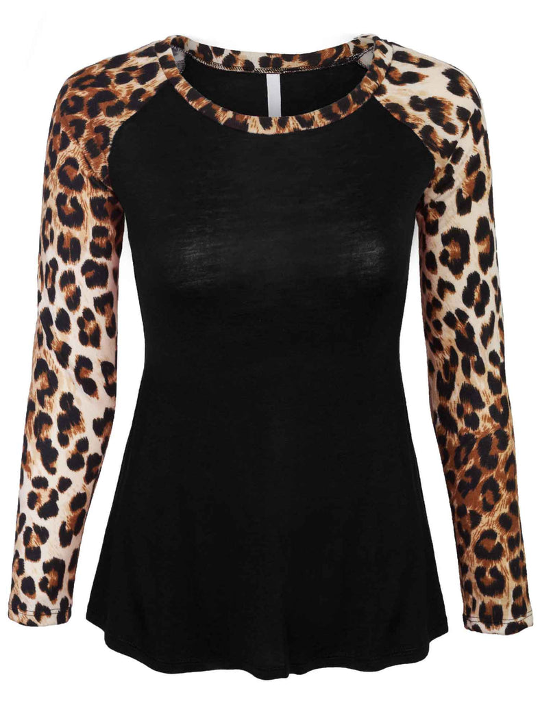  Leopard  Print Raglan Long  Sleeve  Casual Tops T Shirt  