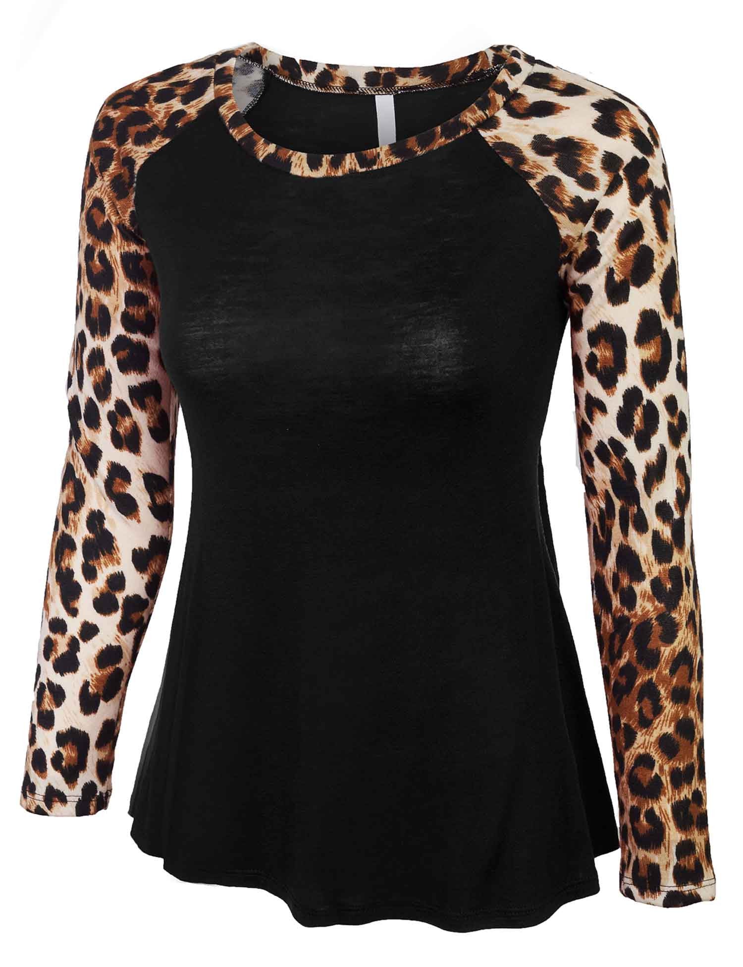 Leopard Print Raglan Long Sleeve Casual Tops T Shirt Blouse - KOGMO