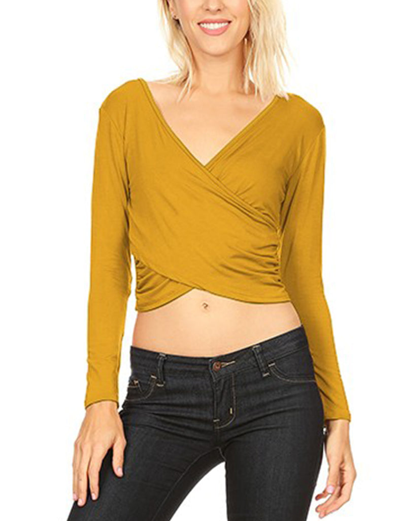 Download Womens Long Sleeve Side Shirring Wrapped Crop Top V Neck T ...