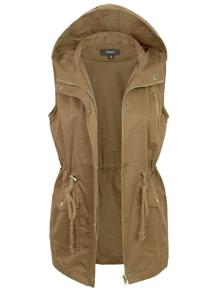 KOGMO Womens Zip Up Military Anorak Utility Vest with Hood American Si