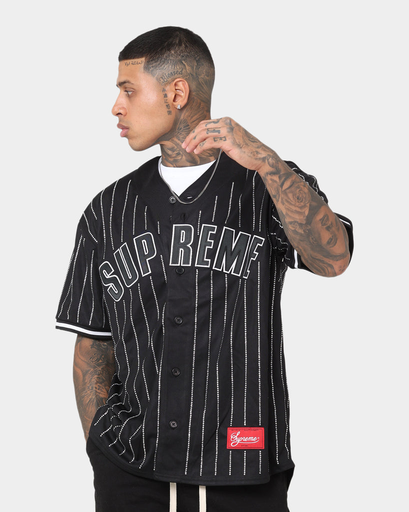 Supreme Rhinestome Stripe Baseball Jersey Black