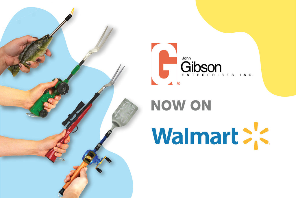 Image of a fish lighter, a tractor handle barbeque fork, a bolt action rifle handle barbeque fork, and a bait cast fishing pole handle barbeque spatula held in hand. Image text and logos say: Gibson Enterprises now on Walmart.
