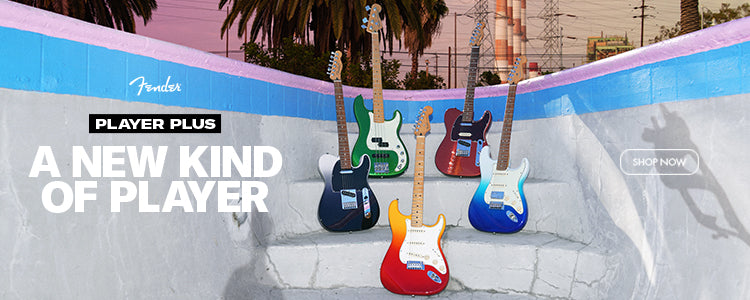 Banner con foto de guitarras FENDER PLAYER PLUS de varios colores y nuevos modelos en fondo urbano