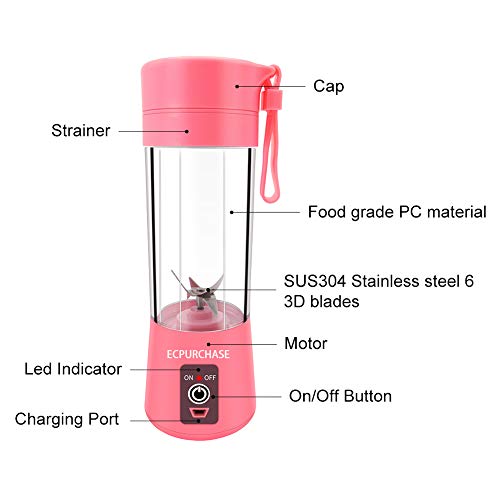 Ecpurchase Portable Blender USB Rechargeable, Small Blender Single Serve, Personal Size Blender Travel Blender Juicer Cup 380ml (fda, BPA Free) (Pink)