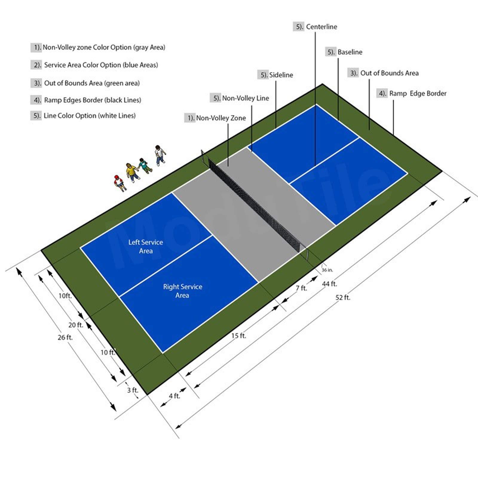 MODUTILE 26ft x 52ft Outdoor Pickleball Court Flooring Lines and Edges