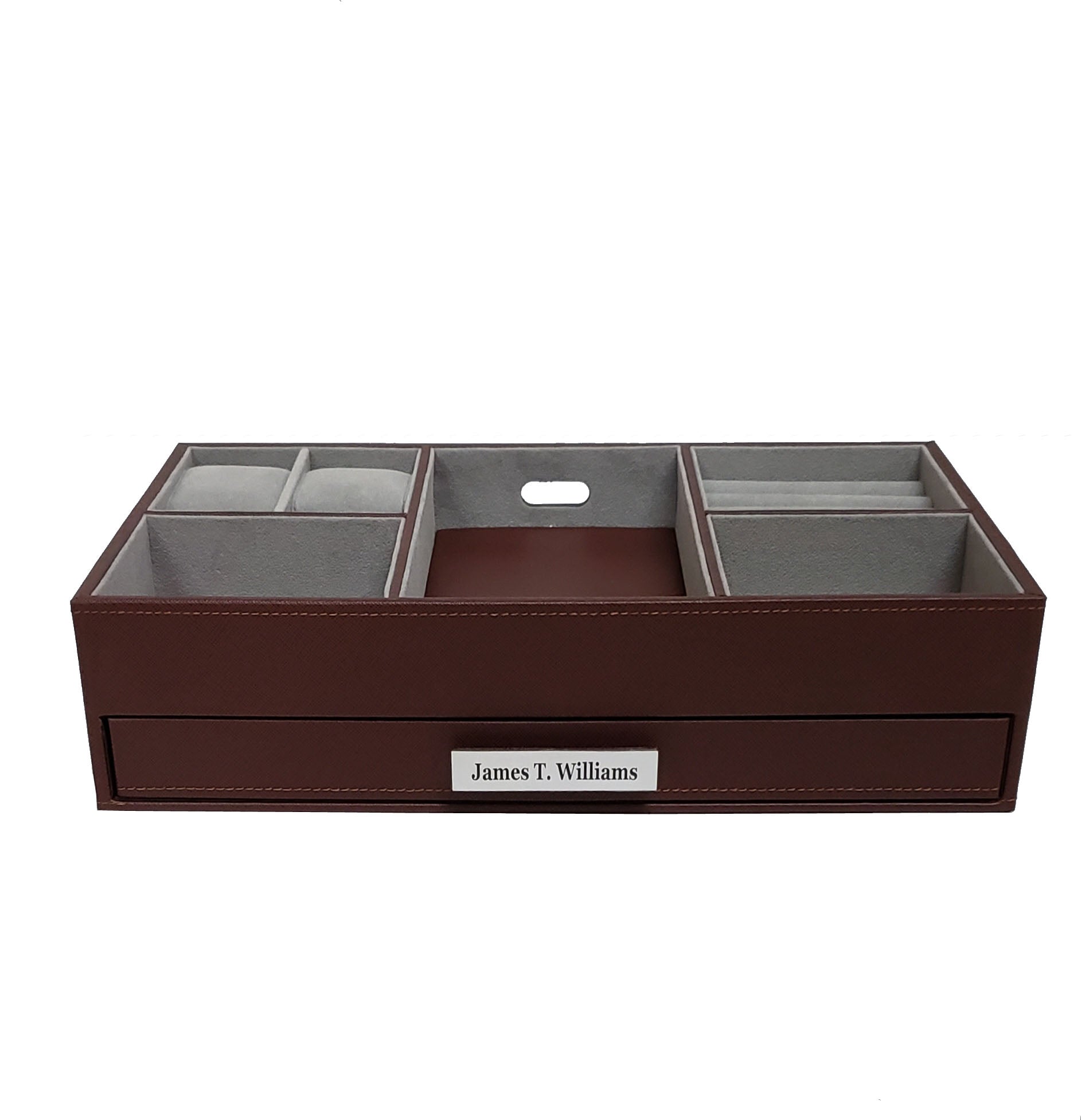 Personalized Brown Leatherette Charging Station Valet Tray Desk