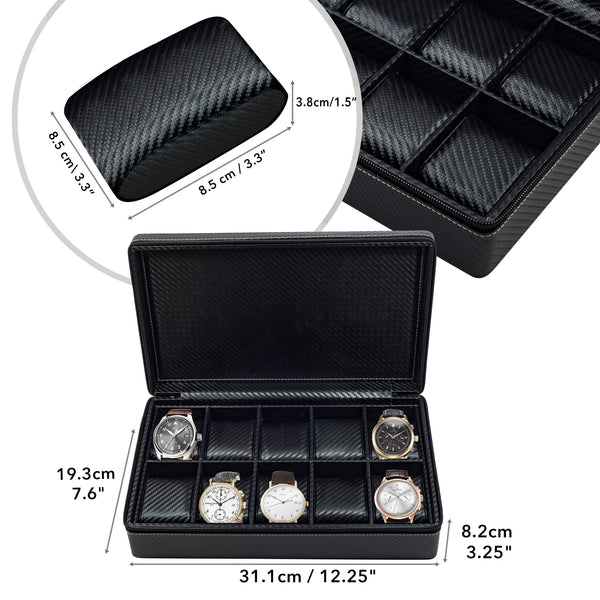 10 Watch Briefcase Black Carbon Fiber Zippered Travel Storage Case ...