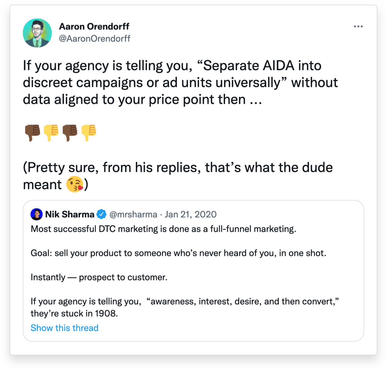 Aaron Orendorff Tweet on DTC Full-Funnel Marketing and Creative (AIDA)
