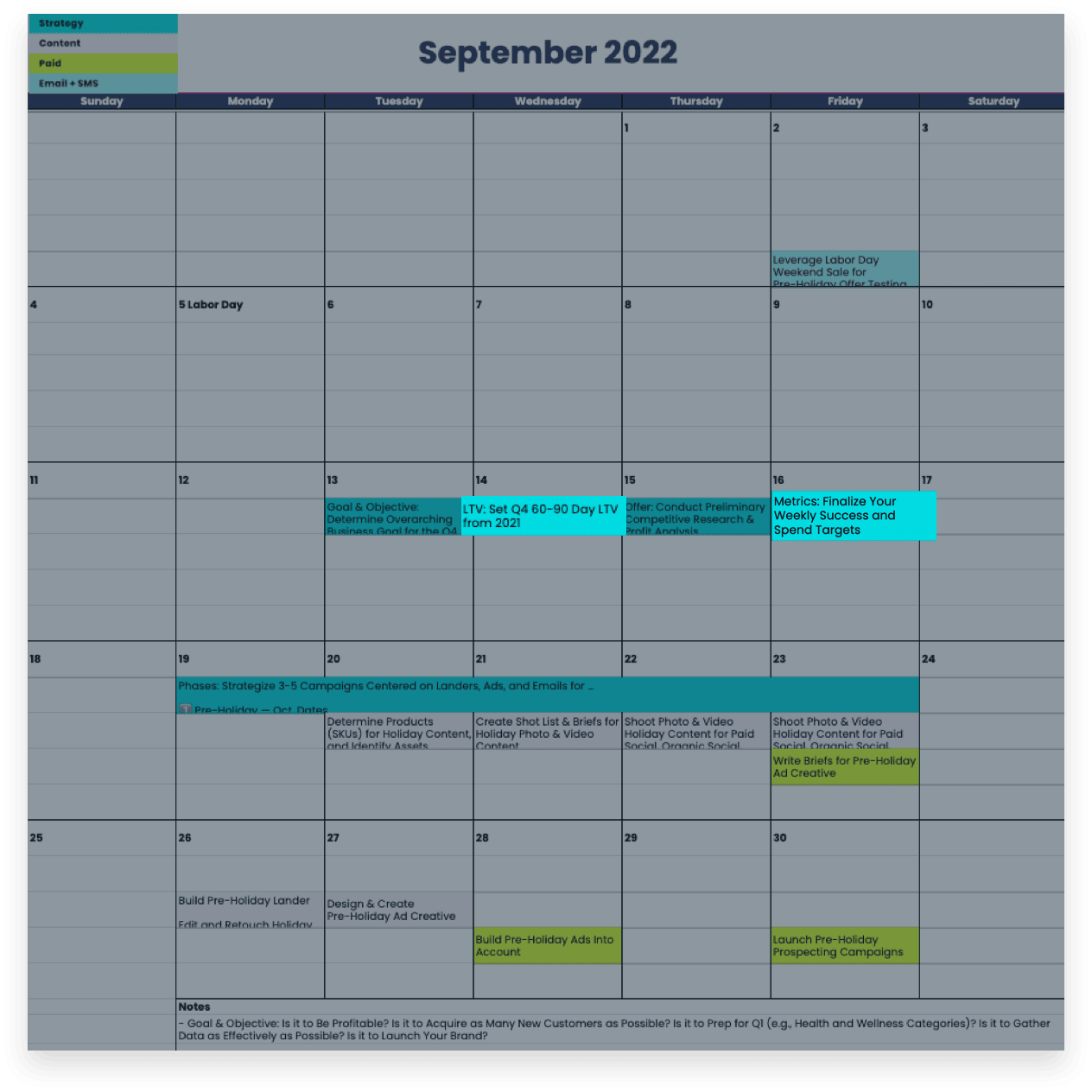 Black Friday 2022 planning LTV and metrics tasks in September