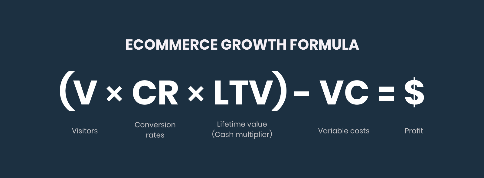 Ecommerce Growth Formula: Visitors times Conversion Rate times Lifetime Value (Cash Multiplier, or 60-day LTV) minus Variable Costs equals Profit