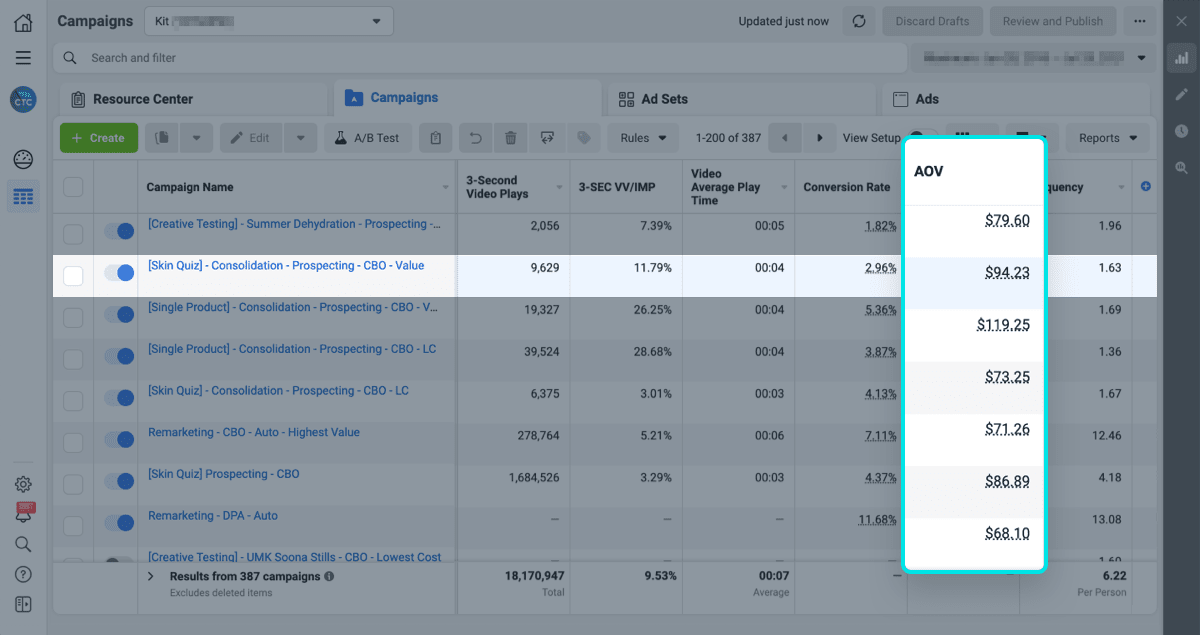 guide to finding your facebook ads AOV inside facebook ads manager