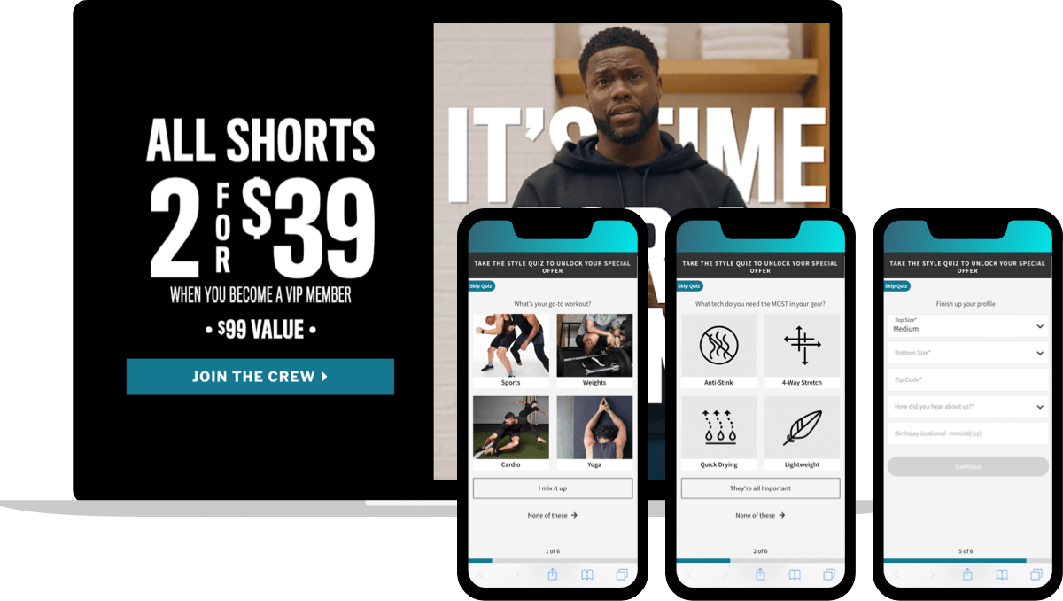 Ecommerce fitness apparel market custom ad landing page and quiz