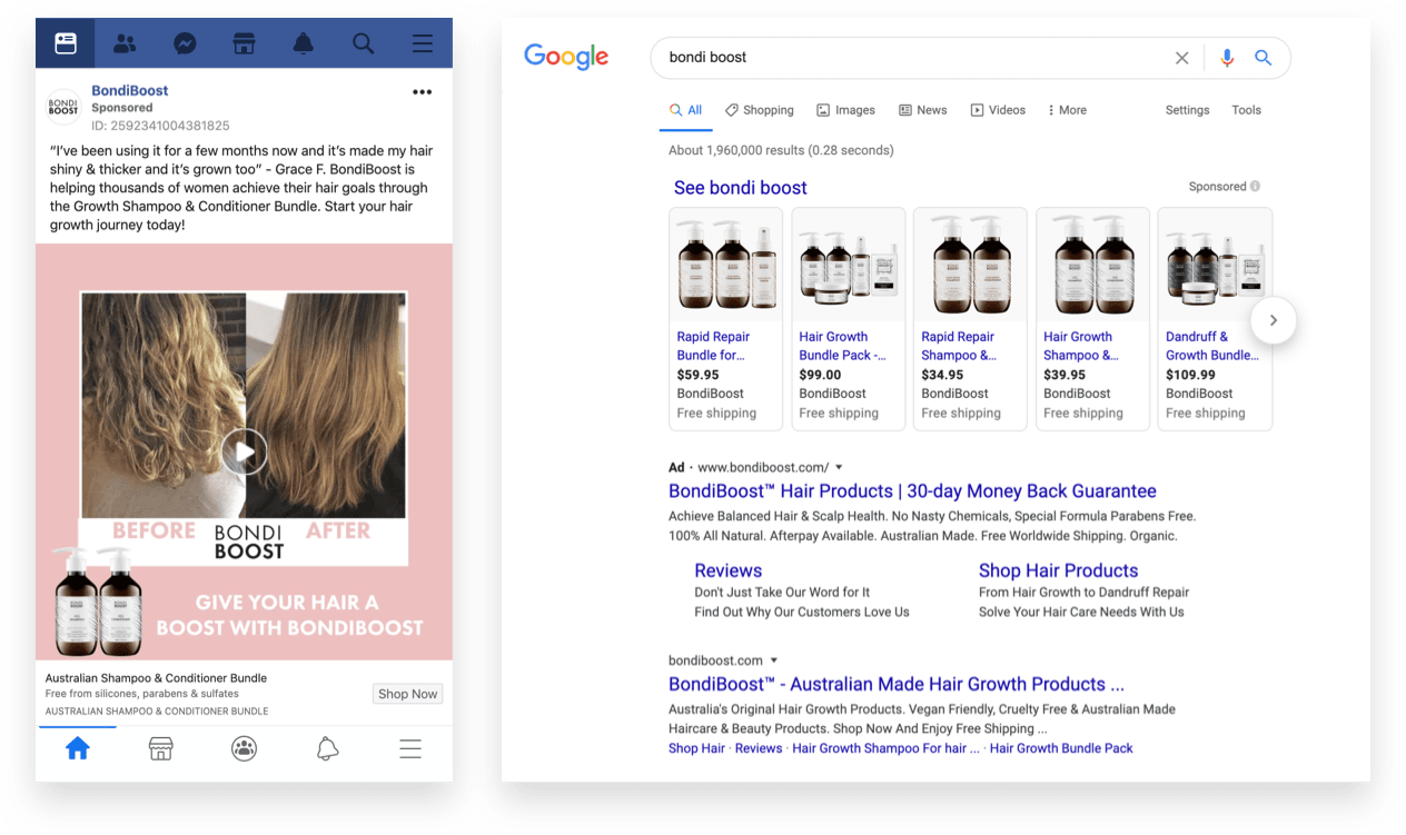 Bondi Boost Google Shopping Ad and Facebook Example