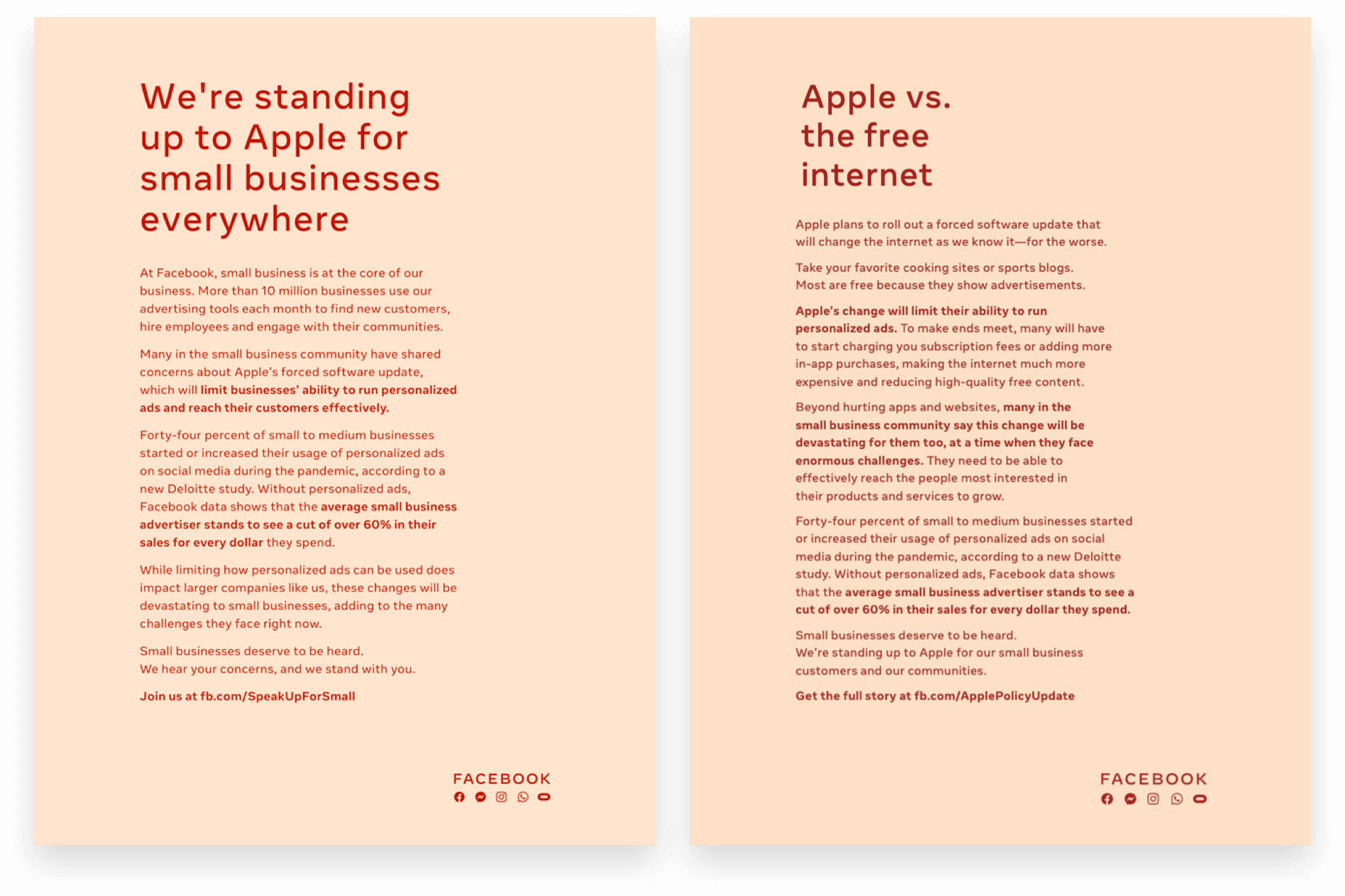 Facebook’s Full-Page Ads Against Apple iOS 14 Privacy Update from 12-16-2020 and 12-17-2020 — We're standing up to Apple for small businesses everywhere and Apple vs. the free internet