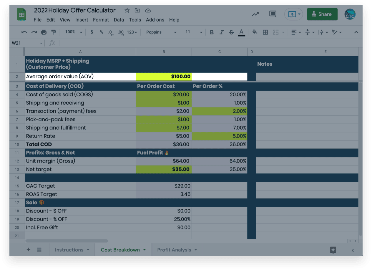 2022 holiday ecommerce planning and strategy calculator: average order value