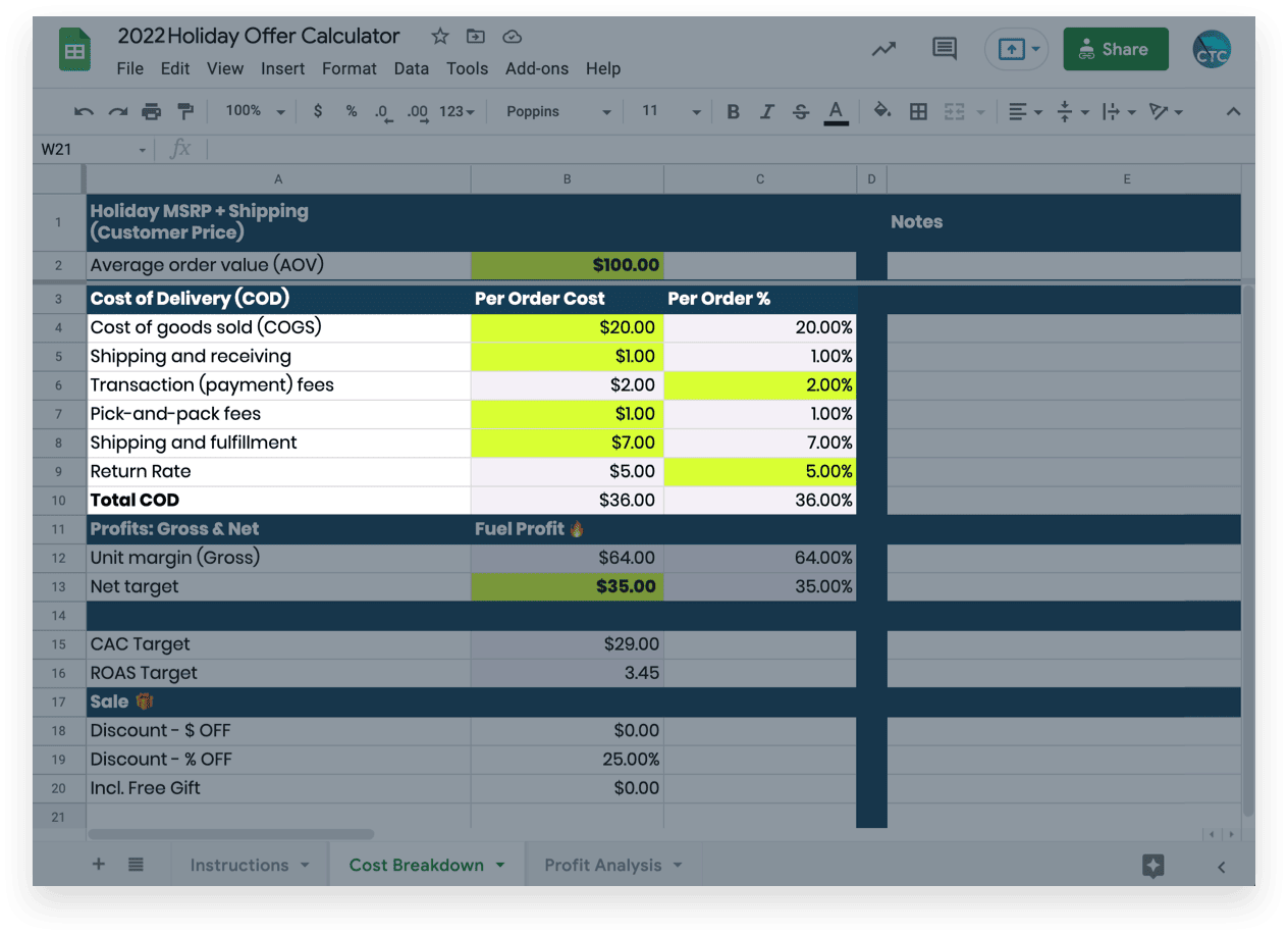 ecommerce holiday calculator cost of delivery/goods