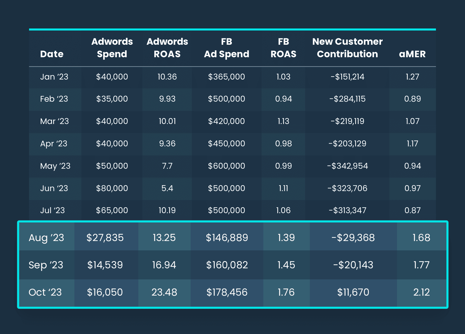 ecommerce ad spend across paid search and social for nine months - from high spend at a deficit to profitable growth