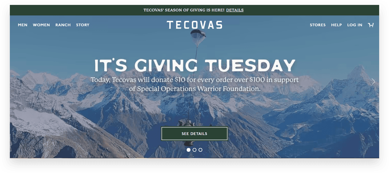 Tecovas giving tuesday holiday homepage