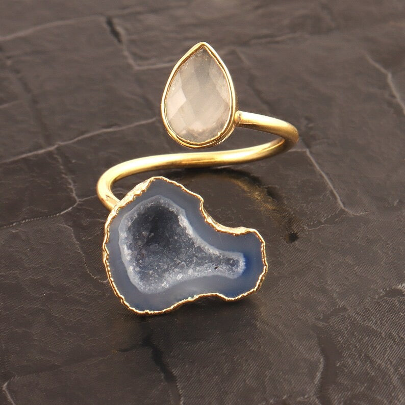 Adjustable Cocktail Ring | Aqua Crystal Chalcedony & Sky Blue Geode Agate | Sibylla Delphica
