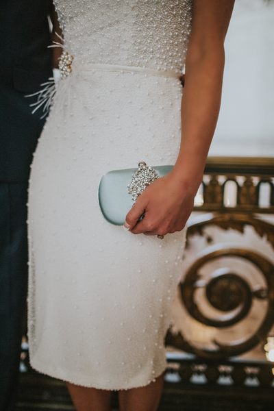 San Francisco City Hall Elopement. Custom pearl and feather one-shoulder cocktail dress.