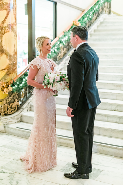 Custom Pink Wedding gown with beading and feathers for Ashley Seippel's San Francisco wedding at the Fairmont. Gown by David Peck