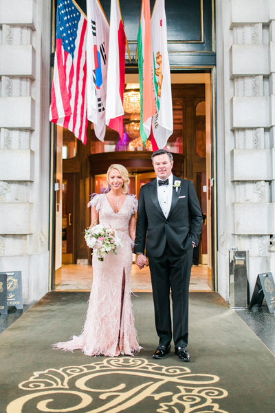 Custom Pink Wedding gown with beading and feathers for Ashley Seippel's San Francisco wedding at the Fairmont. Gown by David Peck