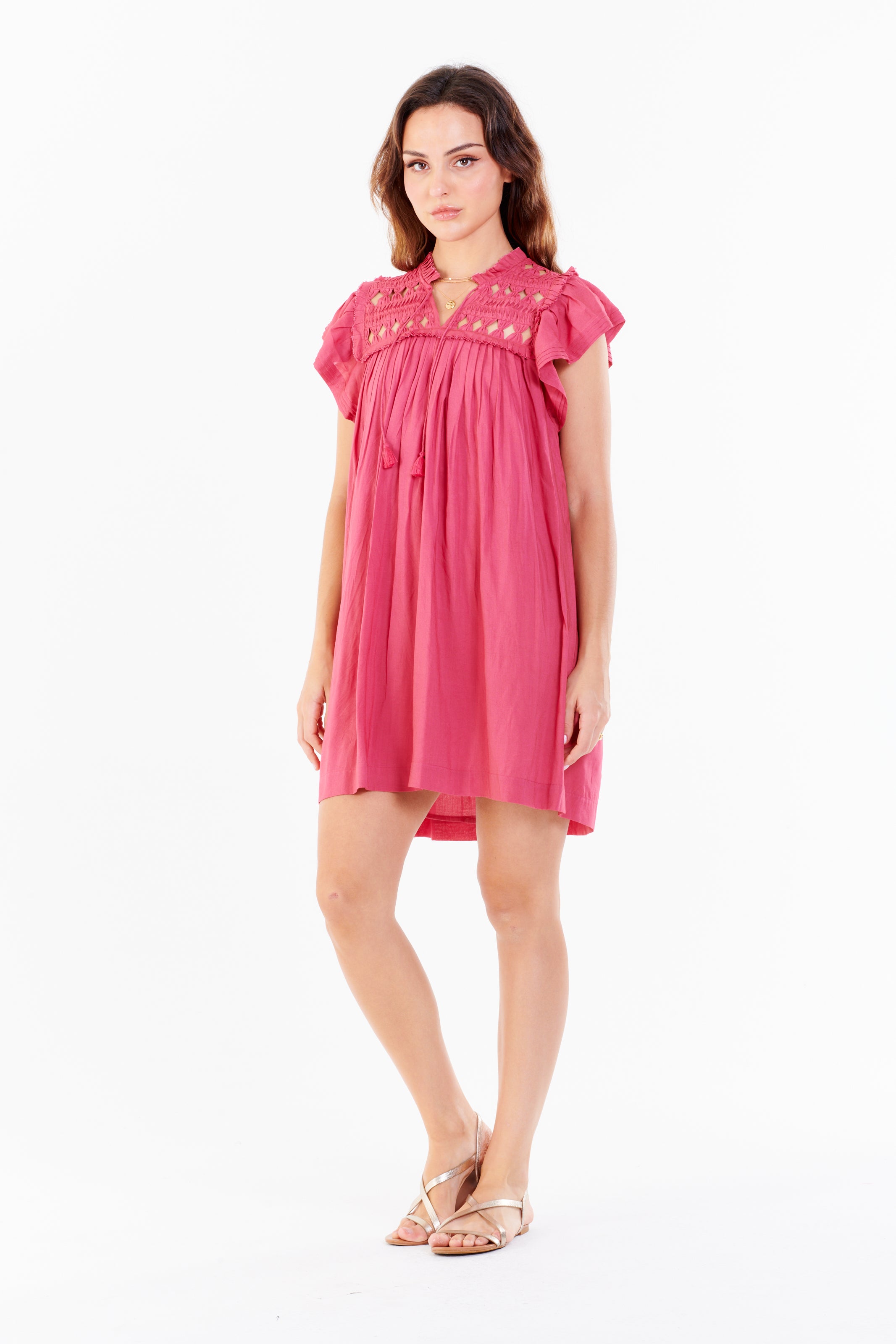 OSIRIS KNOTTED EMBROIDERY MIDI DRESS PINK PUNCH