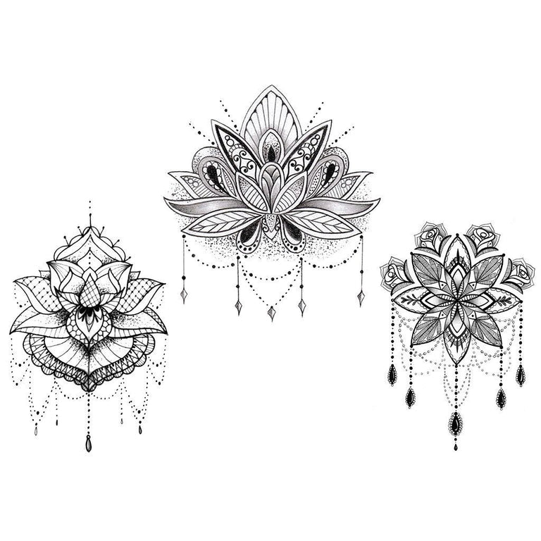 The 3 Lotus - Pack temporary tattoo - Mandala fake tattoos - ArtWear Tattoo