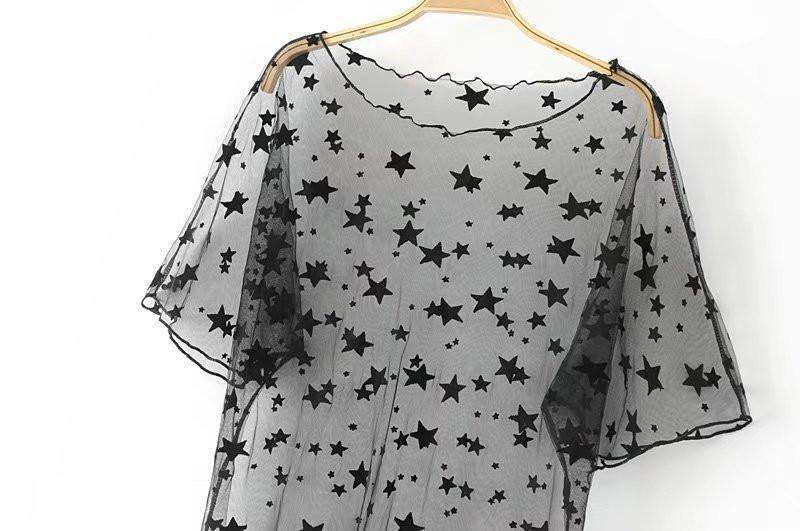 Black Stars Sheer  Mesh Cover  up  T shirt  Dress  Lupsona