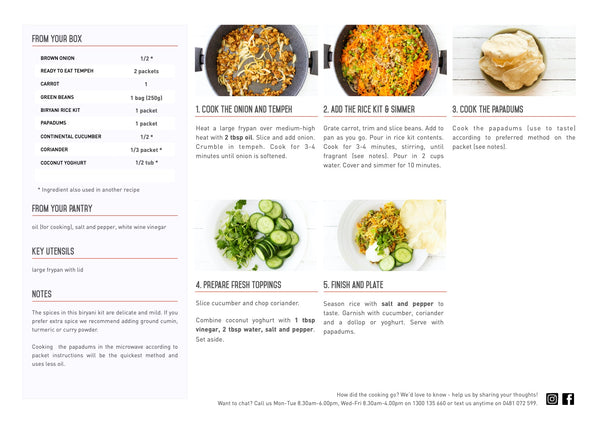 recipe card for spiced biryani, royal rice, Satvik foods, 