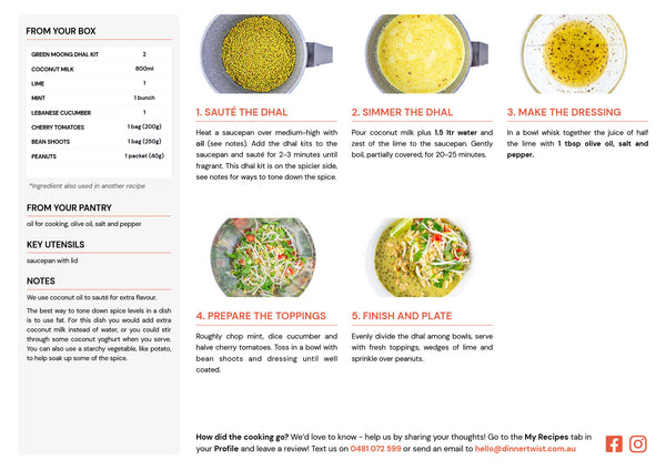 Recipe Instruction card by Dinner Twist. Green Moong Dhal