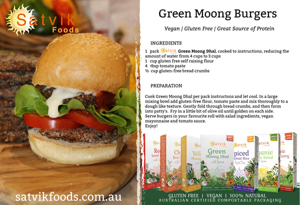 Satvik foods green moong burger recipe card