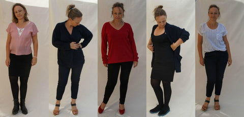5 pictures showing the capsule wardrobe using WBM PDF sewing patterns