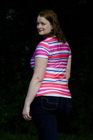 Patricia in her cute striped short sleeve wardrobe Builder T-shirt