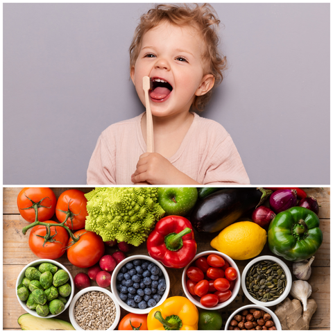 image of a small child holding a spoon near mouth and below that, a collection of colorful fresh produce