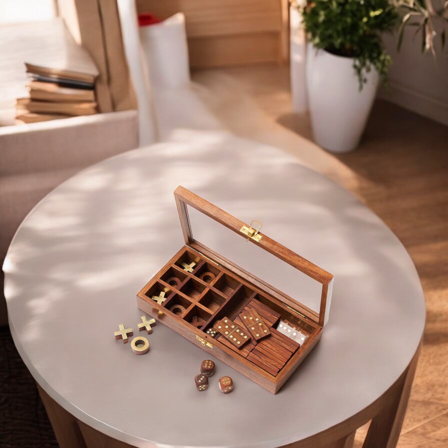 3-in-1 Game Set Dice, Dominoes, Tic Tac Toe - Handcrafted Wood