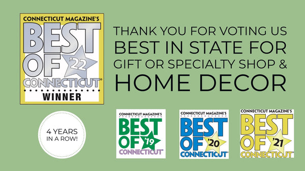 Mellow Monkey wins! Best of Connecticut 2022 for Best Home Decor Store and Most Unique Gift Shop in Connecticut. This is the store's 4th year recognized as best in state by readers of Connecticut Magazine.