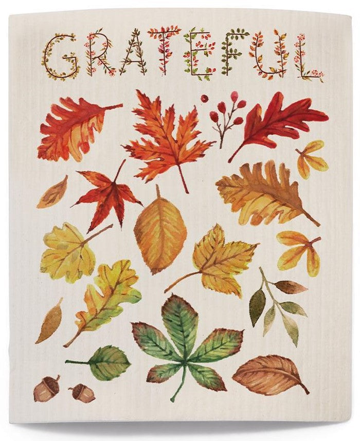 Grateful - Autumn Leaves Fall Colors - Swedish Dishcloth