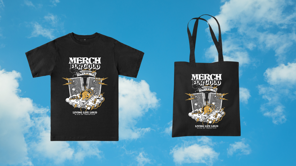 black merch for good t-shirt and tote bag on blue cloud background