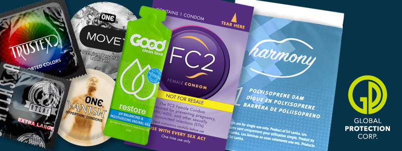 Product image with brands ONE, Trustex, Harmony Oral Dams and FC2 Internal Condoms