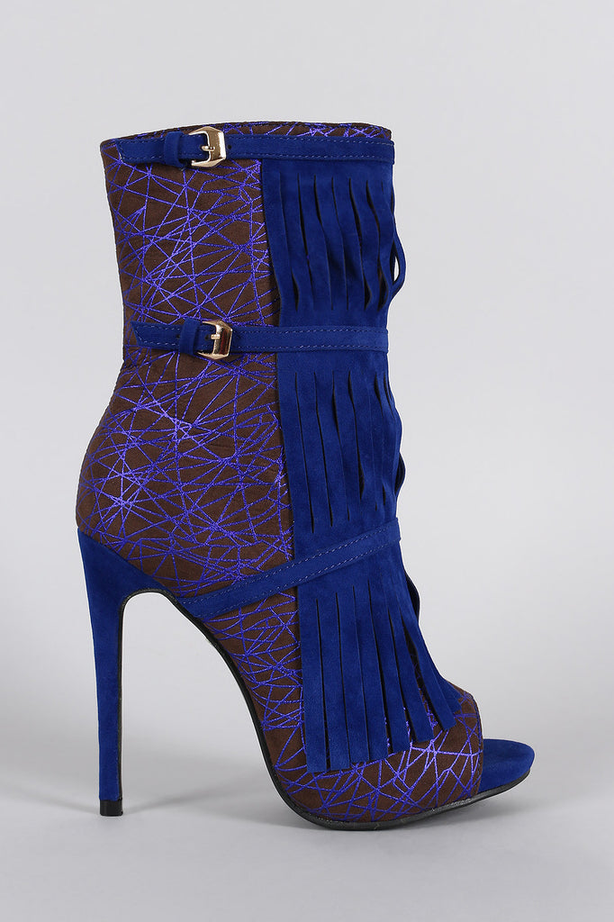 Geometric Print Buckle Fringe Peep Toe 