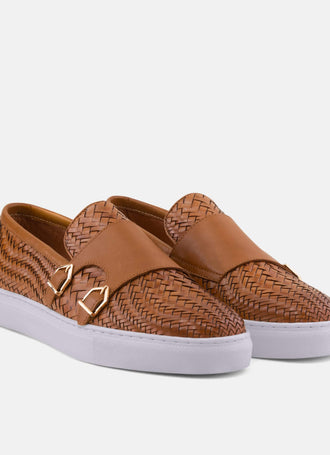 Related product: Kyler Cognac Woven Leather Monk Strap Sneakers by Marc Nolan