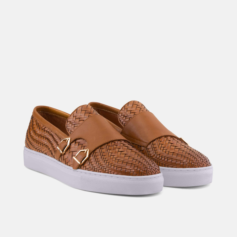 Kyler Cognac Woven Leather Monk Strap Sneakers by Marc Nolan