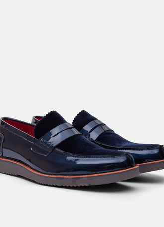 Related product: Abe Navy Patent Leather Penny Loafers by Marc Nolan