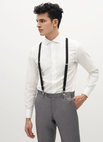 Elegant grey silk suspenders with hand-shaded leather parts