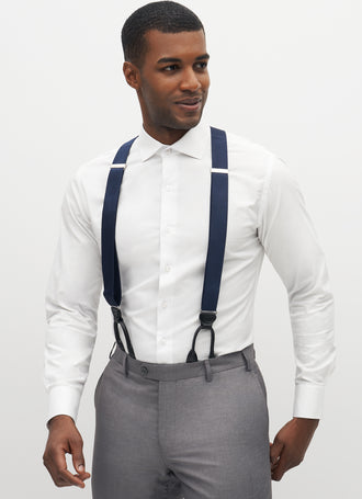 Elegant grey silk suspenders with hand-shaded leather parts