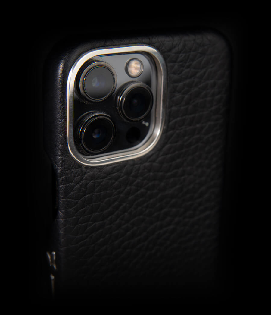 iPhone 14 leather case grip silver camera ring view