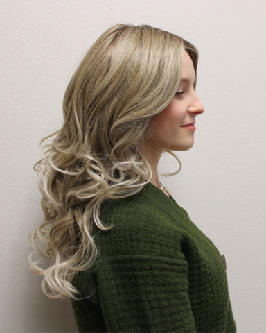 Side shot of model wearing Belle Tress Pure Ambrosia in Cookies N Cream Blonde