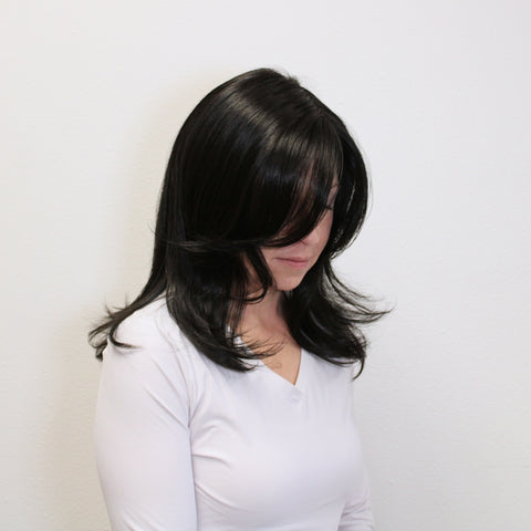 Medium length wig with long layers in jet black color