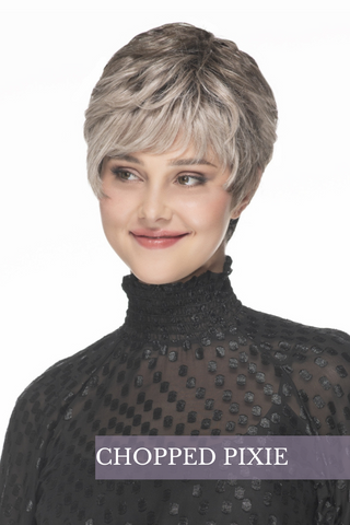 Model wearing TressAllure's Chopped Pixie in a light to medium grey color.